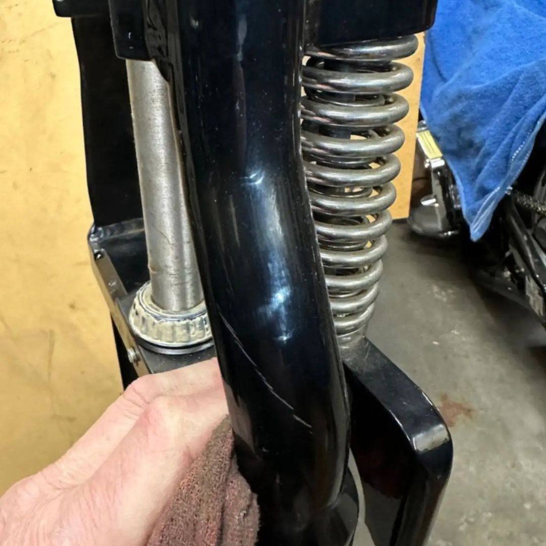 Standard length Paughco Springer front end. Black with chrome springs. Slight scratch shown in pic. $500 shipped - Image 2