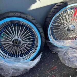 DNA 21 inch and 18 inch Harley-Davidson wheel set with white wall tires and chrome pulley