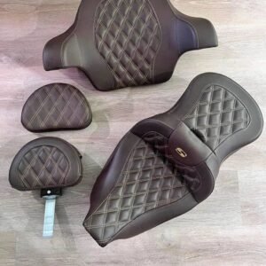 Saddlemen touring seat and backrest set with brown and gold stitching for Harley-Davidson touring motorcycle