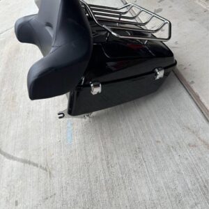 HogWorkz Vivid Black Tour Pack with backrest and mounting hardware for Harley-Davidson touring motorcycles