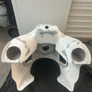 BMC fairing kit with Klock Werks tinted windshield, MoonsMC headlight, and Pursuit pods for Harley-Davidson motorcycle