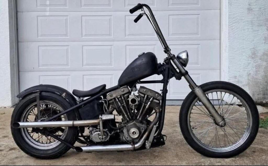 Shovelhead, Harley Davidson, Chopper, Bobber, Custom Motorcycle, Vintage Harley, Ratchet Top Transmission, Shotgun Exhaust, Sportster Tank, Rigid Style, Old School Bike